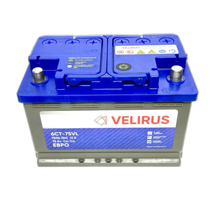 Аккумулятор автомобильный АКОМ 6СТ-75 VELIRUS-ЕВРО EN 750